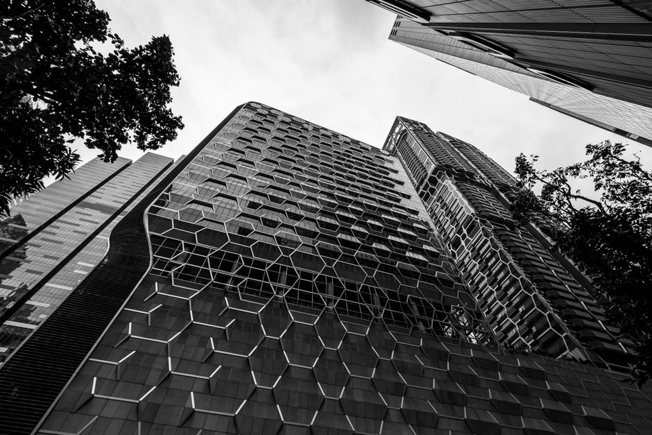 Architectural facade seen from below